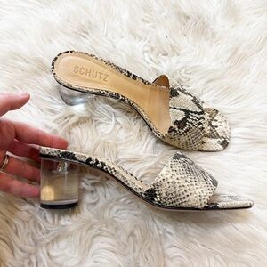 Schutz Mirlande Snakeskin Clear Block Heel Mules Women’s Size 8.5B